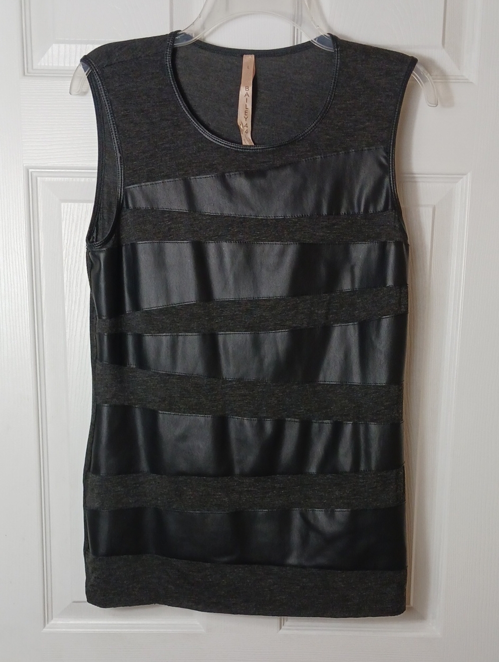 Vintage Faux Leather Stripe Sleeveless Top Tunic Edgy Minimalist Raw Hem Size L